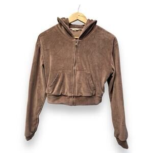 Sacre Soleil Velour cropped hoodie‎ Sz XS Velvety Luxurious Pull Zipper Pocket